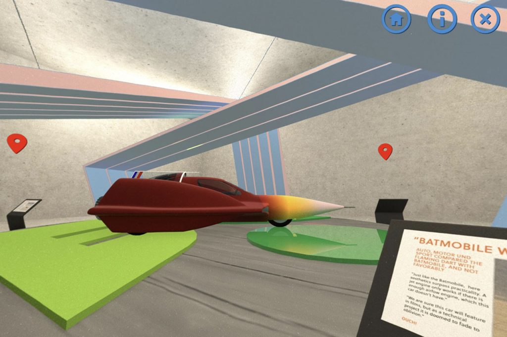 Rakettiauto keskellä virtuaalista showroomia, jossa myös paikkamerkkejä ja infotauluja